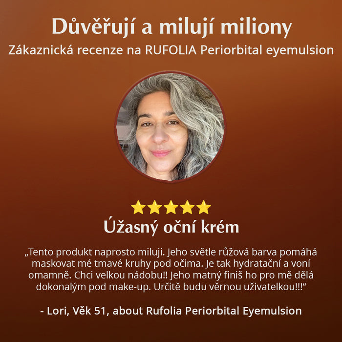Rufolia PRO periorbitální oční emulze - Krém na oční kontury – Rozjasněte, zpevněte a hydratujte oční okolí – Nové složení s manjisthou, aloe vera, lotosem a niacinamidem